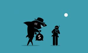 Illustration of a shark tempting a man who is thinking of borrow and lend.