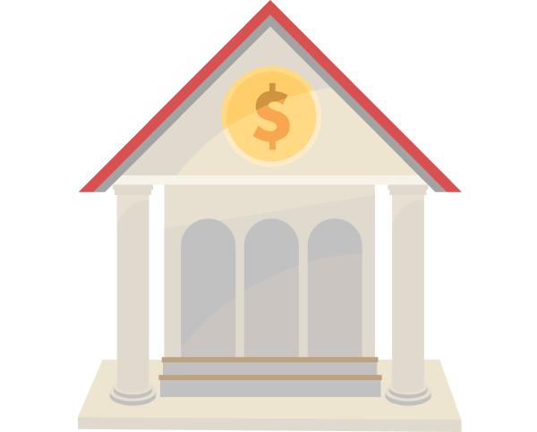 A building structure with strong pillars and money sign representing a money lender’s office