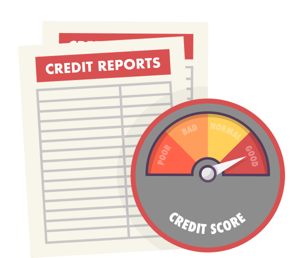 Credit reports and a credit score gauge