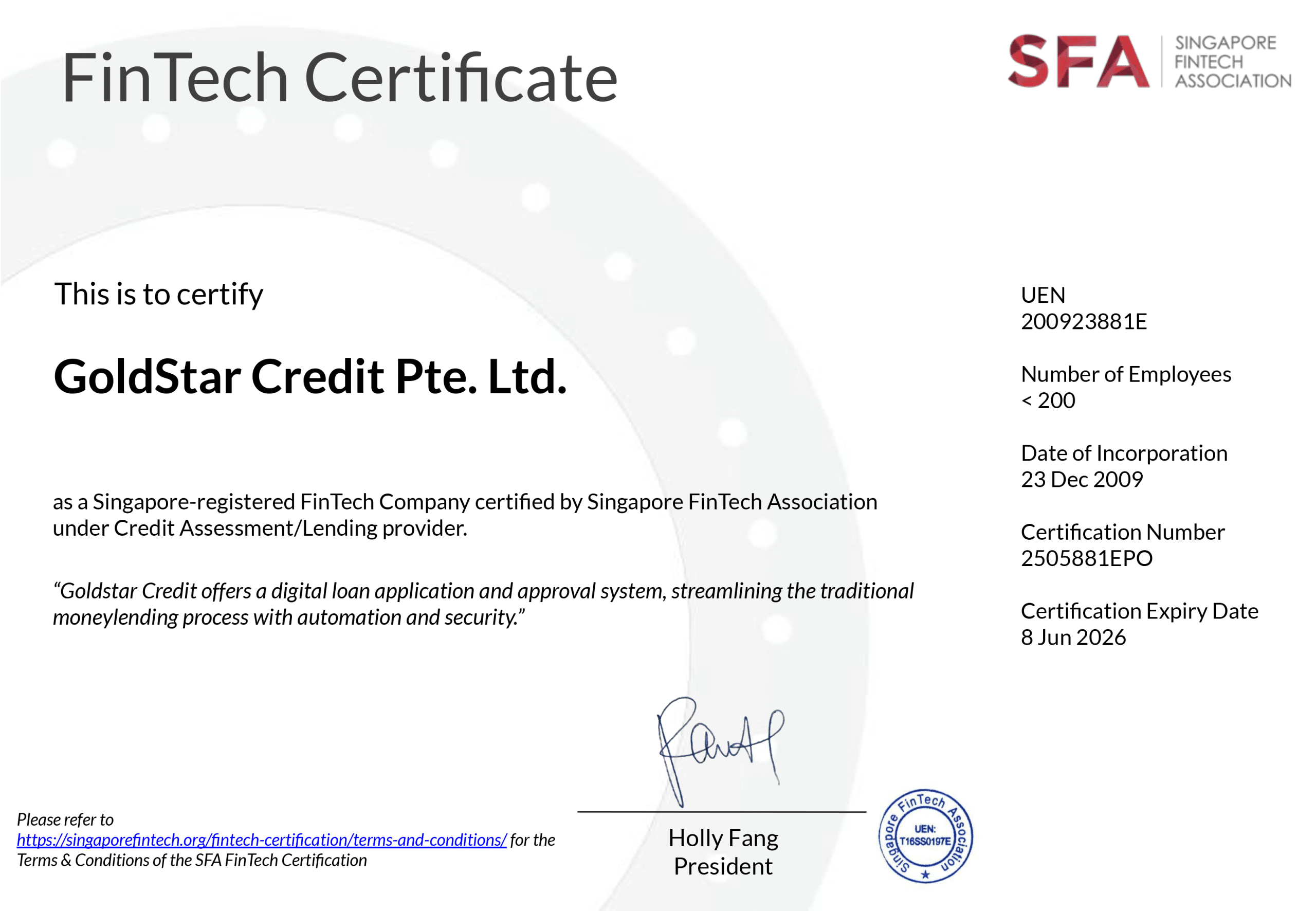 GoldStar Credit SFA CERT